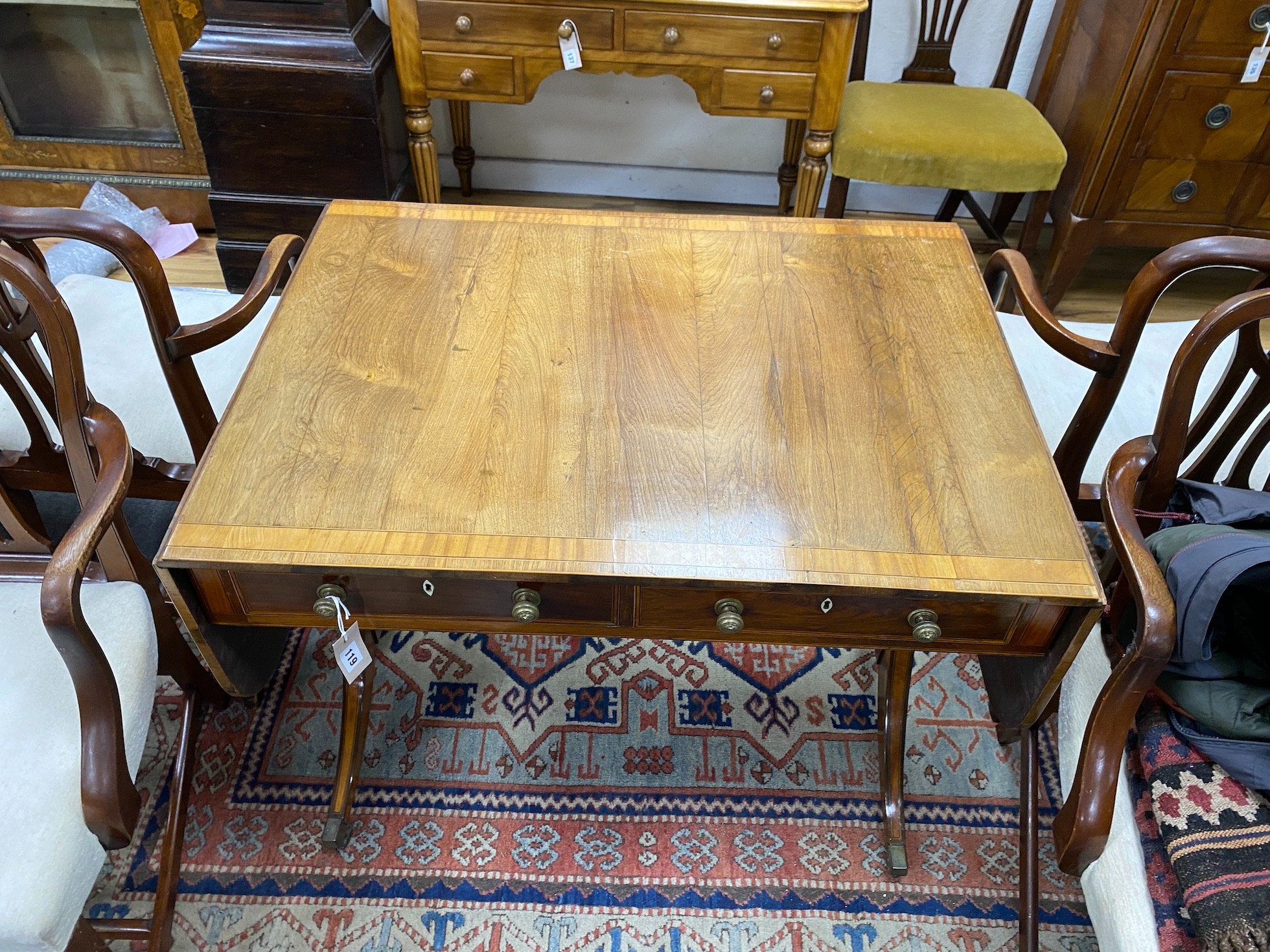 A George III satinwood banded faded rosewood sofa table, width 92cm, depth 69cm, height 74cm